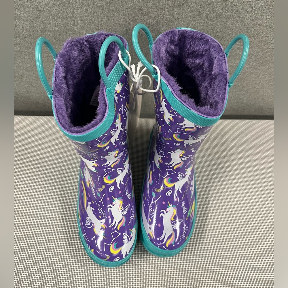 Toddler rain boots w/faux fur lining. Fun unicorn pattern. Size 11-12 - Picture 2 of 12